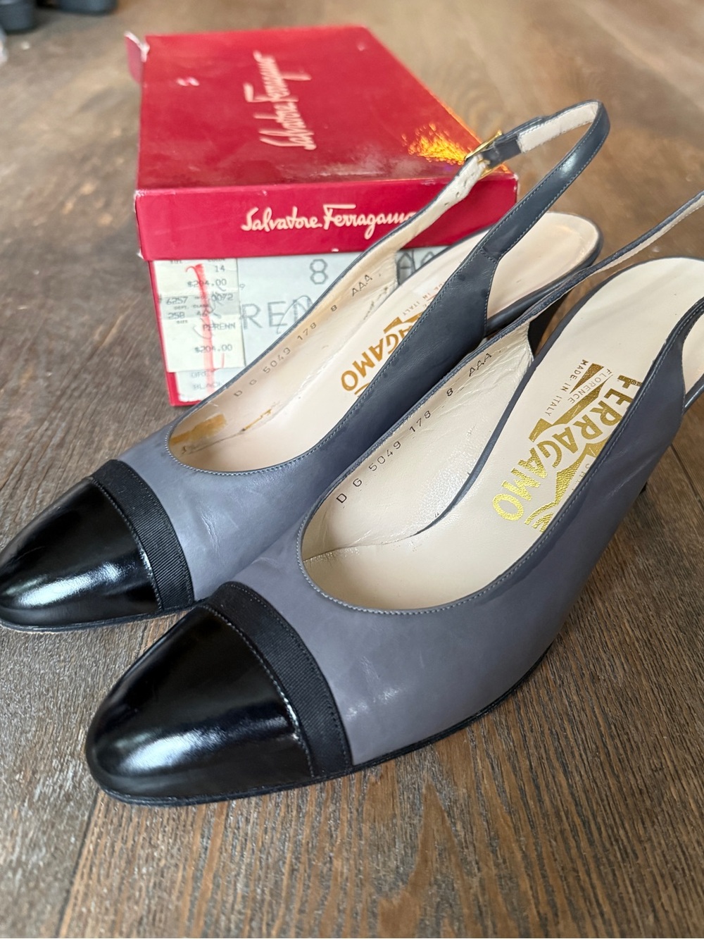 Vintage Ferragamo Slingbacks - Sz 8 EUC Black + Gray New Heel Caps + Sole Grips